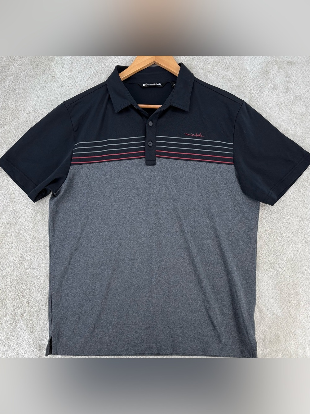 TravisMathew Black Gray Performance Golf Polo Shirt Men’s Large Striped